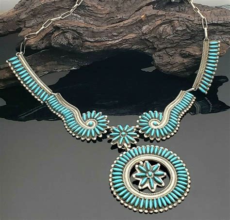 Native American Sterling Silver Turquoise Needlepoint Necklace By