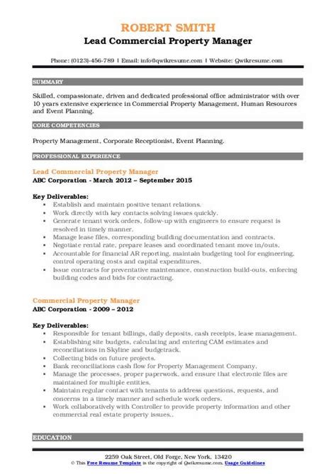 Including, but not limited to move ins and move outs, bank deposits, voucher processing and posting, resident relations, work order generation, reporting requirements as established by corporate. Commercial Property Manager Resume Samples | QwikResume