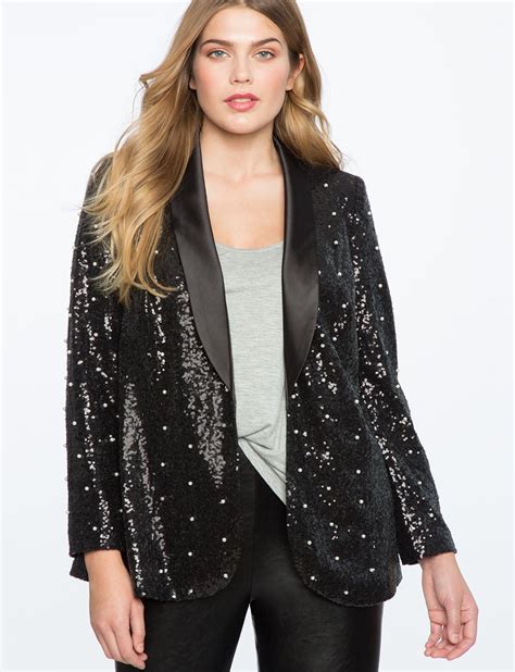 Sequin Pearl Embellished Blazer Totally Black Plus Size Coats Plus