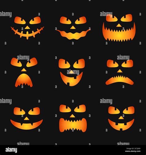 Set Of Pumpkin Faces Silhouette Icons For Halloween Isolated On Black