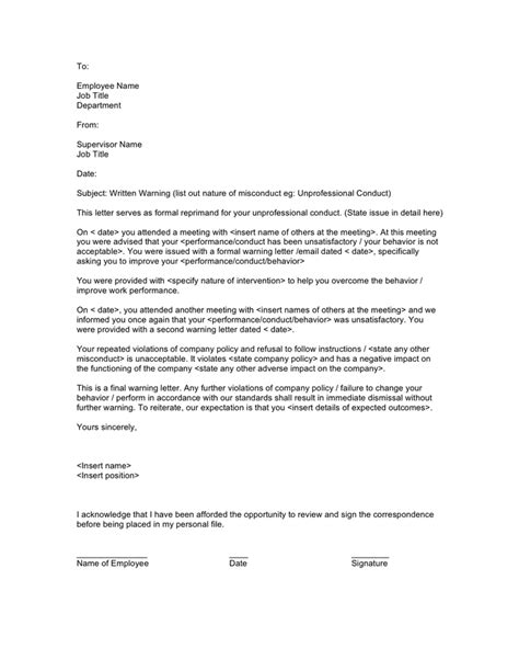 Sample Warning Letter To Employee For Misconduct In Word And Pdf Formats