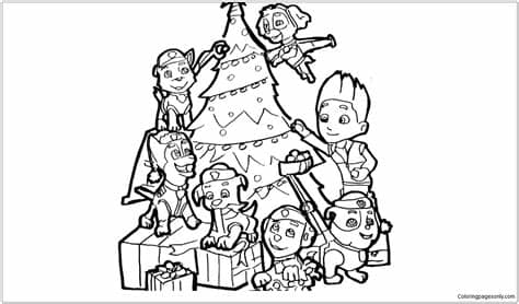 Free printable cartoon characters colouring sheets for kids. Paw Patrol decorate the Christmas tree Coloring Page ...