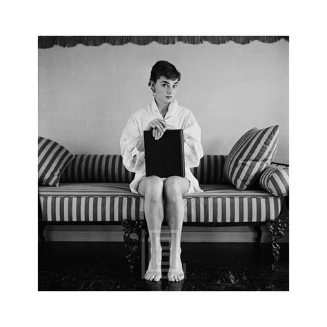 Mark Shaw Audrey Hepburn On Striped Sofa Hands On Closed Book 1954