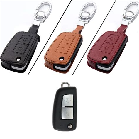 Genuine Pu Leather 3 Button Remote Key Bag Case Fob Holder Chain For