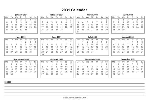 Download Editable 2031 Calendar With Notes Monday Start