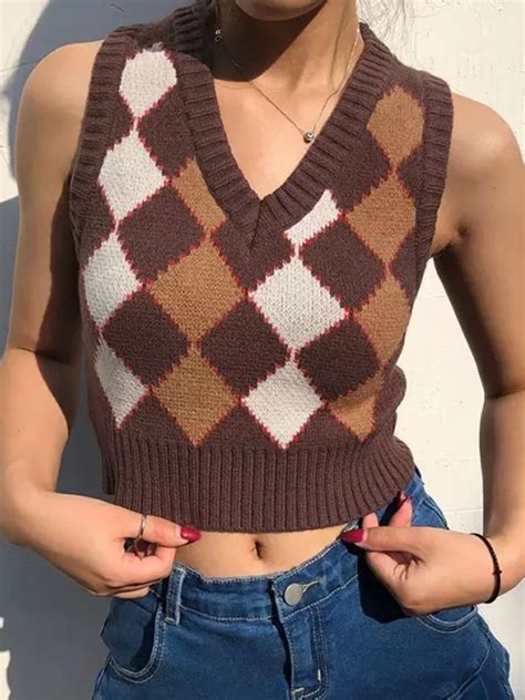 brown vintage y2k cropped sweater vest autumn sleeveless knit pullover 90s crochet clothes