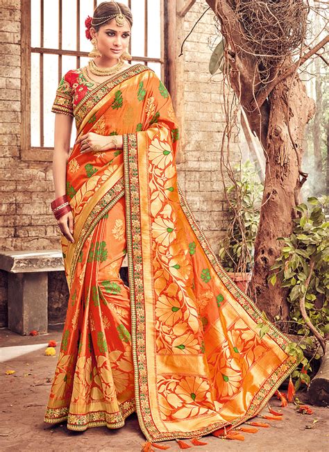 Orange Banarasi Silk Embroidered Wedding Saree
