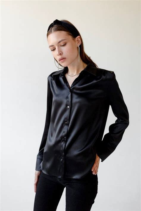 Women Silk Shirt In Black Stretch Silk Blouse Long Sleeve Etsy