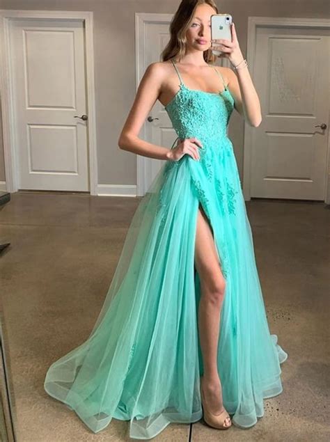 Sr1688spaghetti Long A Line Lace Tulle Prom Dressesside Slit Prom Dresseslong Prom Dresses On