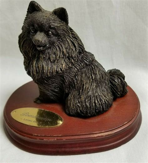Pomeranian Dog Figurine Living Stone Sitting On Wood Base Dog