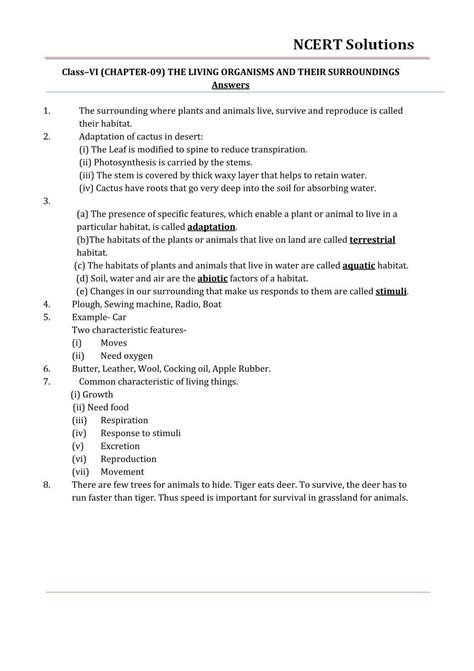Ncert Solutions For Class 6 Science Chapter 9 The Living Organisms