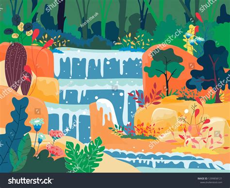 Waterfall Jungle Cartoon Woderland Landscape Waterfall Stock Vector