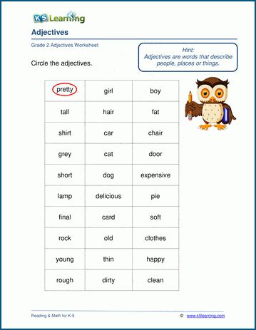 All about adjectives is a no prep, printable pack designed to suit kindergarten, grade 1 and grade 2. Identifying adjectives worksheets for grade 2 | K5 Learning