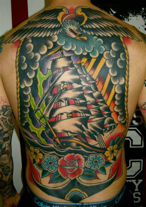 Old School Full Back Piece With An Eagle And A Boat Done