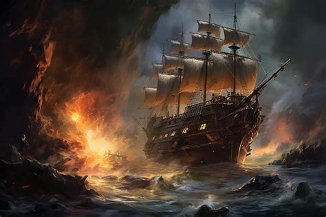 Premium Ai Image Sailing Ship In The Sea With Fire And Smoke 3d