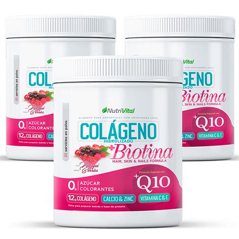 Pack 3 Colágenos Hidrolizado 12g Biotina Coenzima Q10 300 Grs