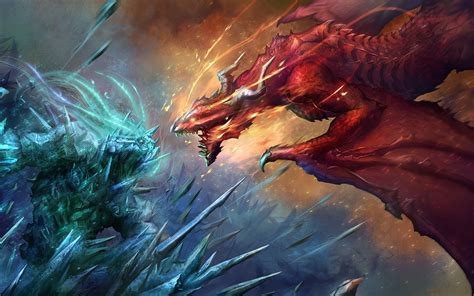 Fire Dragon Fighting With Ice Giant Illustration Dragons Art Battle