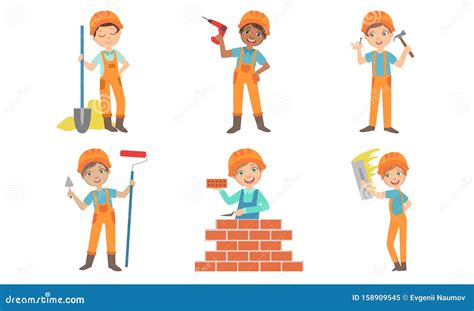 Cute Kids Construction Workers Set Boys And Girls Builders Characters