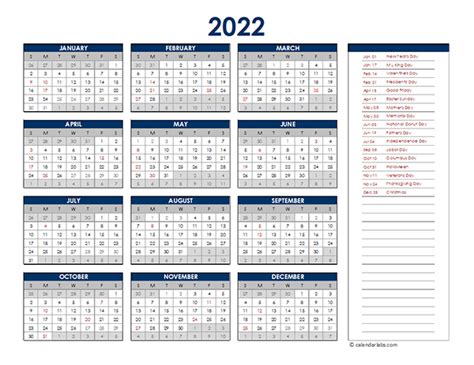 Free 2022 Excel Calendar Templates Calendarlabs 2022 Yearly Calendar
