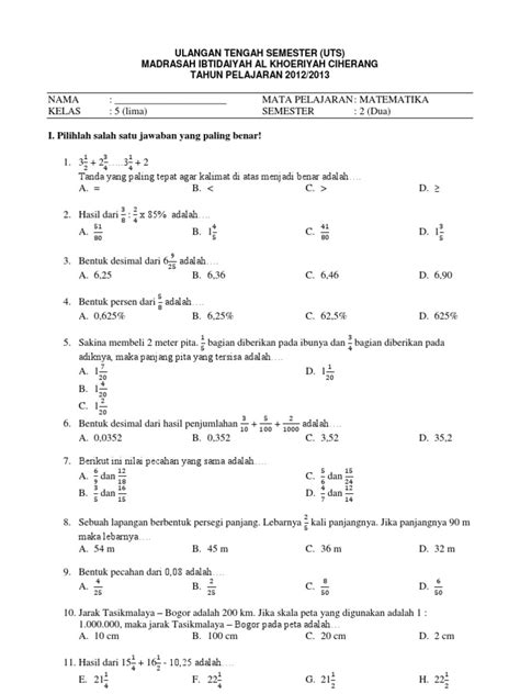 Soal matematika kelas 2 (dua) sd semester 1 dan ja. Soal Uts Matematika Kelas 5 Semester 2