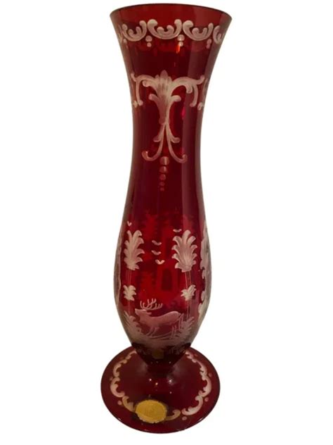 Egermann Czech Bohemian Ruby Red And Clear Etched 12 Inch Vase 70 00 Picclick