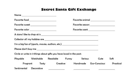 Secret Santa Holiday T Exchange Form Template Printable Etsy