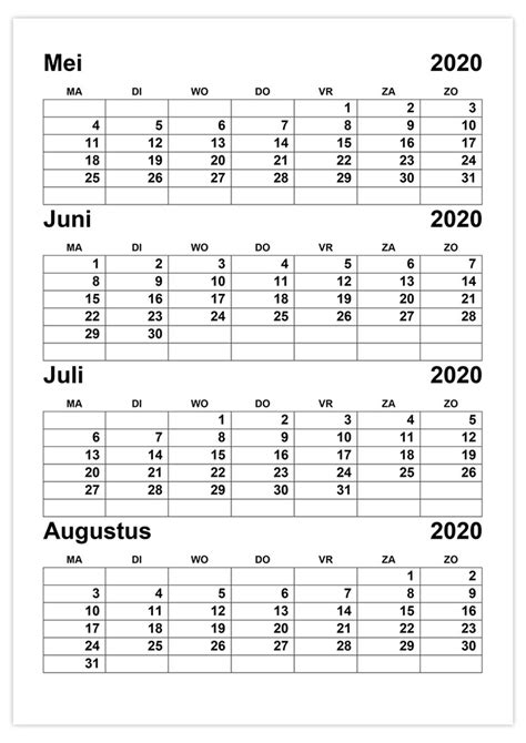 Kalender Mei Juni Juli Augustus 2020