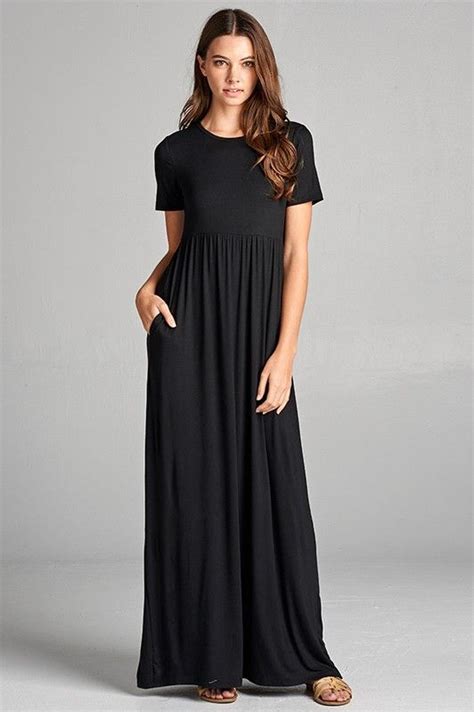 Black Solid Short Sleeve Maxi Dress With Hidden Pocket Maxi Dress Maxi Dress With Sleeves