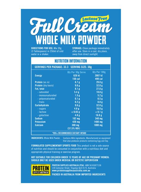Lactose Free Full Cream Whole Milk Powder — Protein