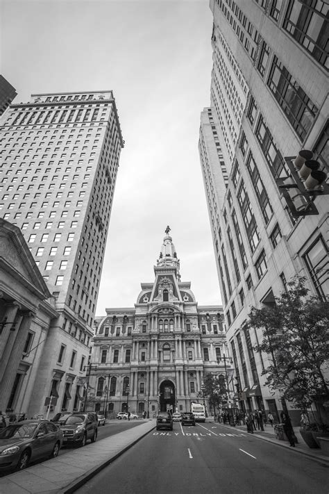 With the ongoing threat of floods,. Monochrome photo of City Hall in Philadelphia ...