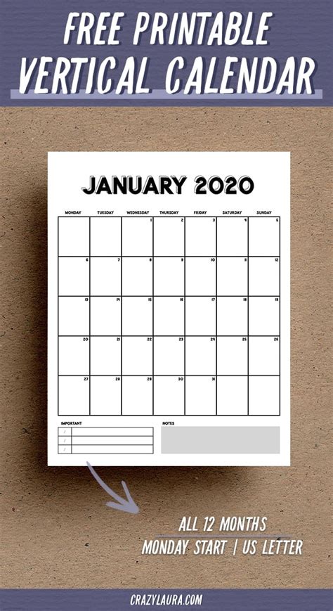 Free Vertical Calendar Printable For 2020 Crazy Laura