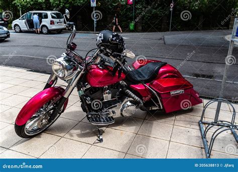 Pink Harley Davidson Parked On Street During Vintage Motorcycles Fair