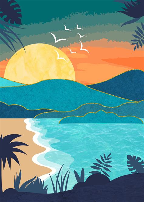 Sunset On Hidden Beach In 2021 Beach Illustration Surf Art Ocean