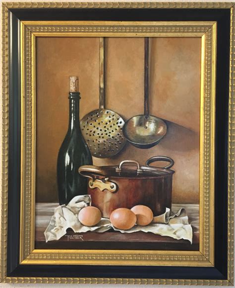 An Oil Painting Of Eggs And A Pot On A Table Next To A Wine Bottle