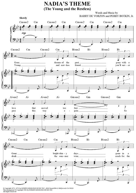 Nadias Theme The Young And The Restless Sheet Music For Pianovocalchords Sheet Music Now
