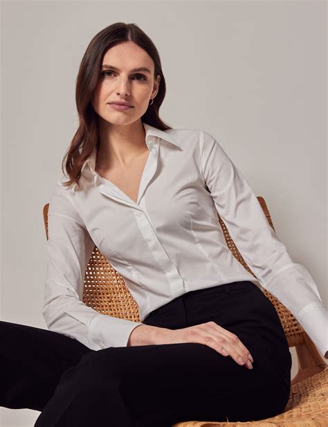 Womens White Fitted Cotton Stretch Shirt With Concealed Placket