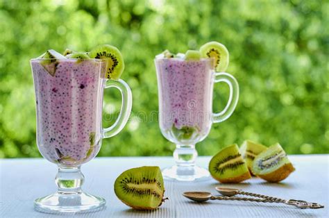 Tasty Chia Milk Pudding In The Glass Decorated With Sliced Kiwi Fruit