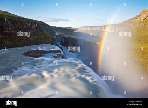 Waterfall Gullfoss With Rainbow Golden Circle Hvítá River Haukadalur