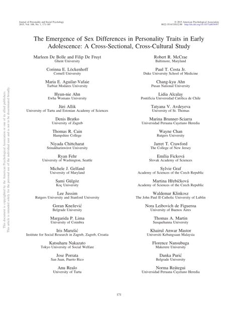 Pdf The Emergence Of Sex Differences In Personality Traits In Early