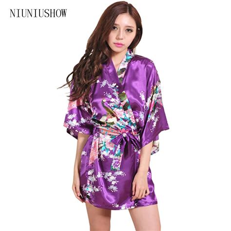 Purple Kimono Robes For Women Satin Bathrobe Long Silk Robes For