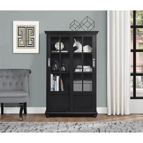 Ameriwood Home Aaron Lane Black Bookcase With Sliding Glass Doors