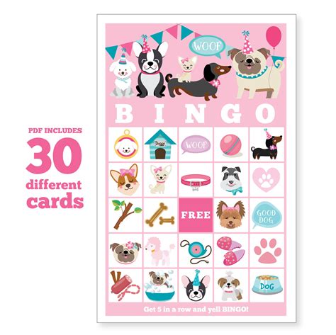 Dog Pug Puppy Bingo Game 30 Different Bingo Cards Girls Printable