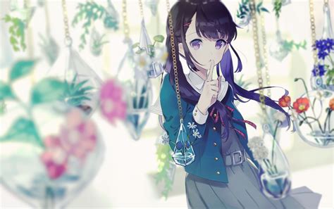 Download 1595x1000 Shh Anime Girl Purple Eyes Black Hair Flowers