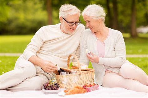 Happy Senior Couple Having Picnic At Summer Park Stock Image Image Of Anniversary Cheerful