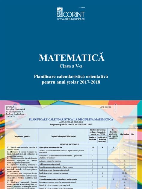 Planificare Matematica Clasa A V A 2017 2018 Corint Pdf