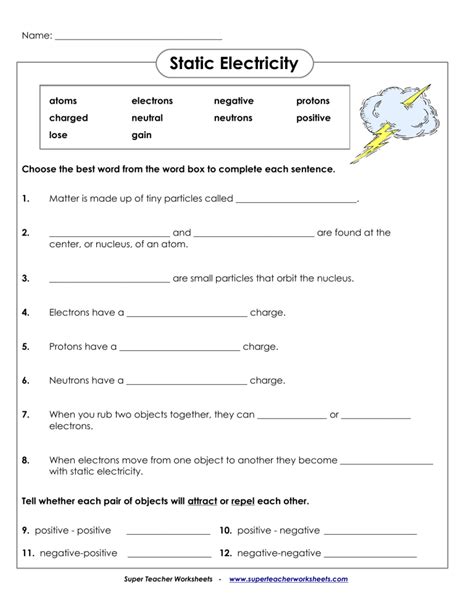 Static Electricity Worksheet 1