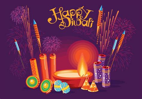 Burning Diya And Fire Cracker On Happy Diwali Holiday Background For