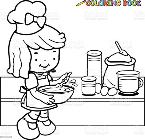 Little Girl Cooking Coloring Book Page Stock Illustration Download