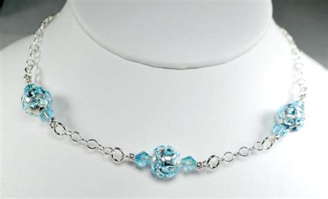 Czech Glass Bead Necklace Silver And Blue Handmade Artisan Lampwork