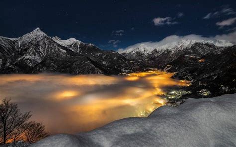 Alps Mountain Mist Snow Italy Cityscape Lights Stars Clouds